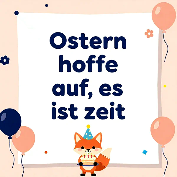 Ein niedlicher, lächelnder Cartoon-Fuchs mit Partyhut hält eine Geburtstagstorte mit brennenden Kerzen. Umrahmt von bunten Ballons und Konfetti, strahlt das Bild eine fröhliche und herzliche Geburtstagsstimmung aus, perfekt für süße Glückwünsche.