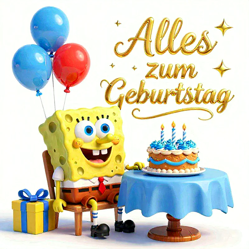 Fröhlicher SpongeBob Schwammkopf sitzt festlich mit blauen und roten Luftballons, einer dekorierten Geburtstagstorte mit Kerzen und einem gelben Geschenk vor einem Tisch.