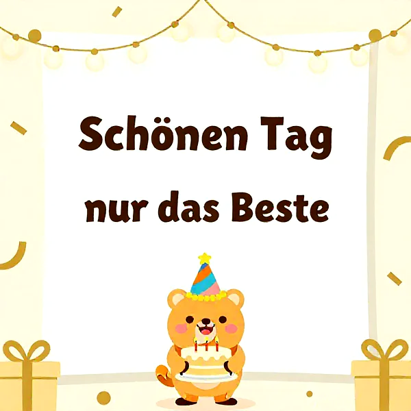 Ein niedlicher Bär mit einer Geburtstagstorte und einer bunten Partyhaube, umgeben von Geschenken und Girlanden.