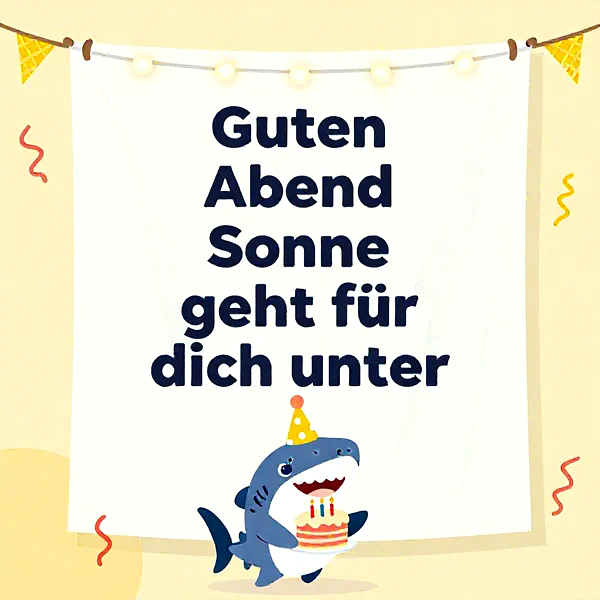 Ein niedlicher Hai mit Partyhut hält eine Geburtstagstorte, dahinter ein Banner mit dem Text 'Guten Abend Sonne geht für dich unter'.