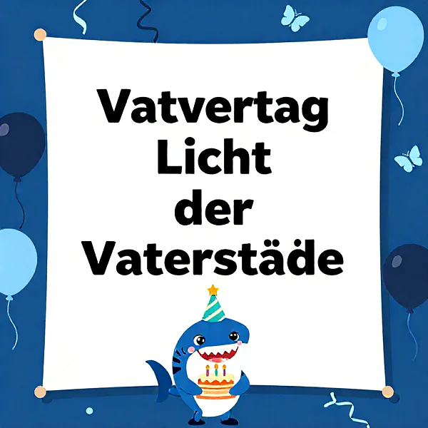 süßer blauer Hai mit Partyhut hält eine Geburtstagstorte, umgeben von Luftballons und Schmetterlingen