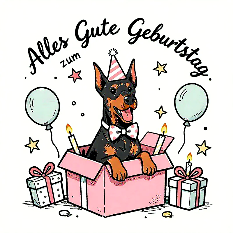 Ein niedlicher Dobermann-Welpe sitzt in einer rosa Geschenkbox, trägt einen Partyhut und eine Fliege. Um ihn herum sind brennende Kerzen, Ballons und festlich verpackte Geschenke. Ein fröhlicher Geburtstagsgruß.