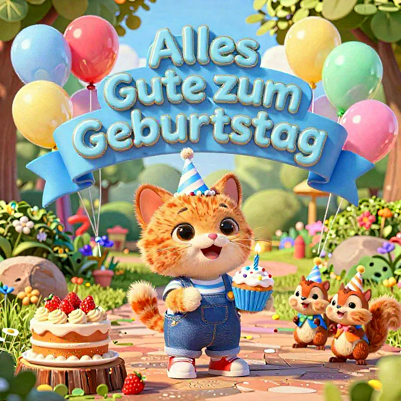 Süße Katze mit Geburtstagstorte und Luftballons, fröhliche Stimmung, festliche Atmosphäre.