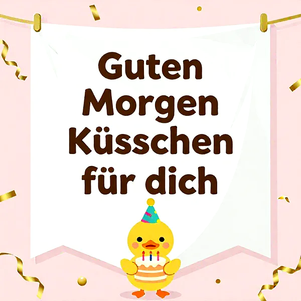 Ein niedliches Küken mit Partyhut hält eine kleine Torte, umgeben von Konfetti auf rosa Hintergrund.