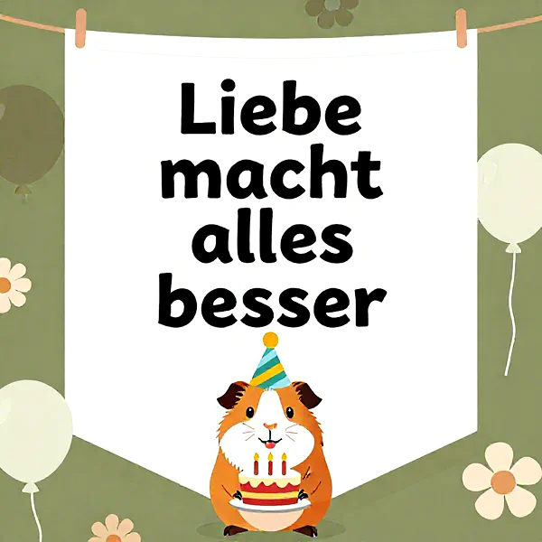 Ein niedliches Meerschweinchen mit Partyhut hält eine Geburtstagstorte mit drei Kerzen. Es sendet liebevolle Wünsche auf einem an einer Leine befestigten weißen Banner. Der Hintergrund ist festlich mit Ballons und Blumen dekoriert.