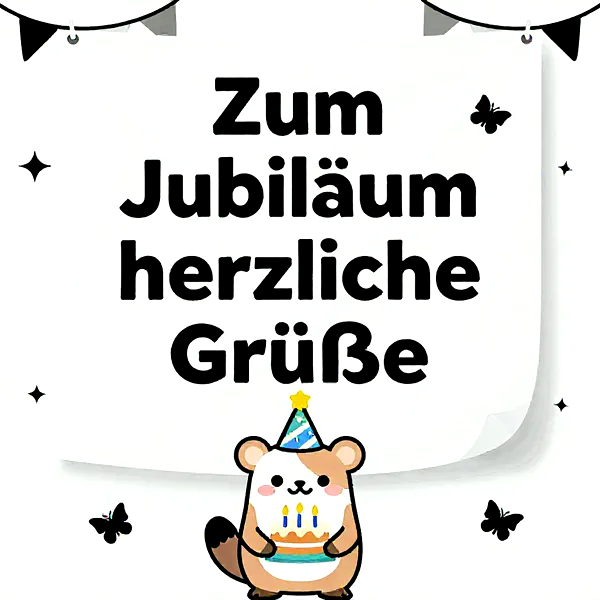 süßer Otter mit Geburtstagstorte und Partyhut, feierliche Stimmung, schwarze Girlanden und Schmetterlinge