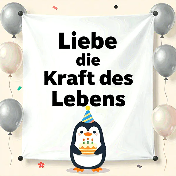 Süßer Pinguin mit Geburtstagstorte und Partyhut vor einem weißen Banner mit der Aufschrift 'Liebe die Kraft des Lebens', umgeben von Luftballons.