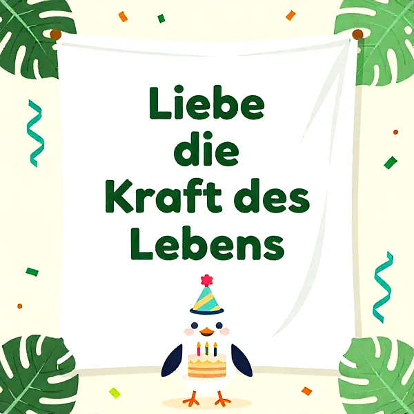 Süßer Pinguin mit Geburtstagstorte und Partyhut vor einem Banner mit der Aufschrift 'Liebe die Kraft des Lebens'.