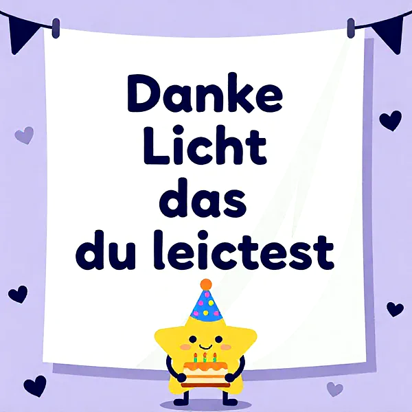 Ein gelber Stern mit Partyhut hält eine Torte vor einem Plakat mit Geburtstagssprüchen.