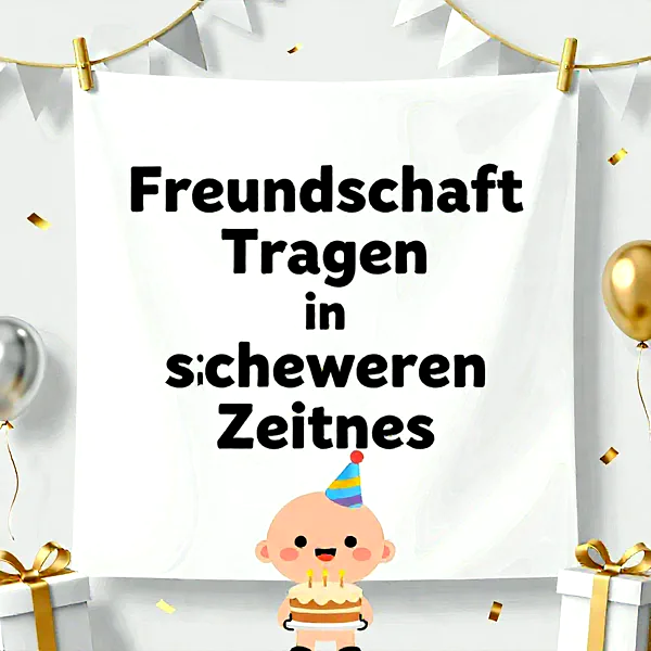 Süßer Charakter mit Geburtstagstorte und Partyhut vor einer weißen Fahne mit Freundschaftsgruß