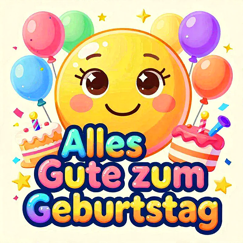 Süße Sonne mit Geburtstagstorten und Ballons in lebhafter Feststimmung