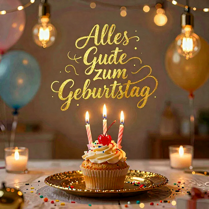 Ein Cupcake mit drei brennenden Kerzen und einer Kirsche auf einem goldenen Teller, umgeben von festlicher Dekoration.
