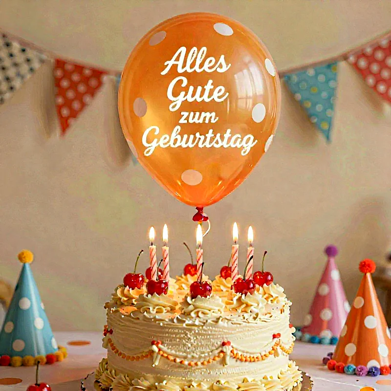 Festliches Bild mit einer reich verzierten Geburtstagstorte, leuchtenden Kerzen und frischen Kirschen. Ein orangefarbener Ballon schwebt darüber, bedruckt mit "Alles Gute zum Geburtstag". Bunte Partyhüte und Wimpelketten schmücken den Hintergrund.