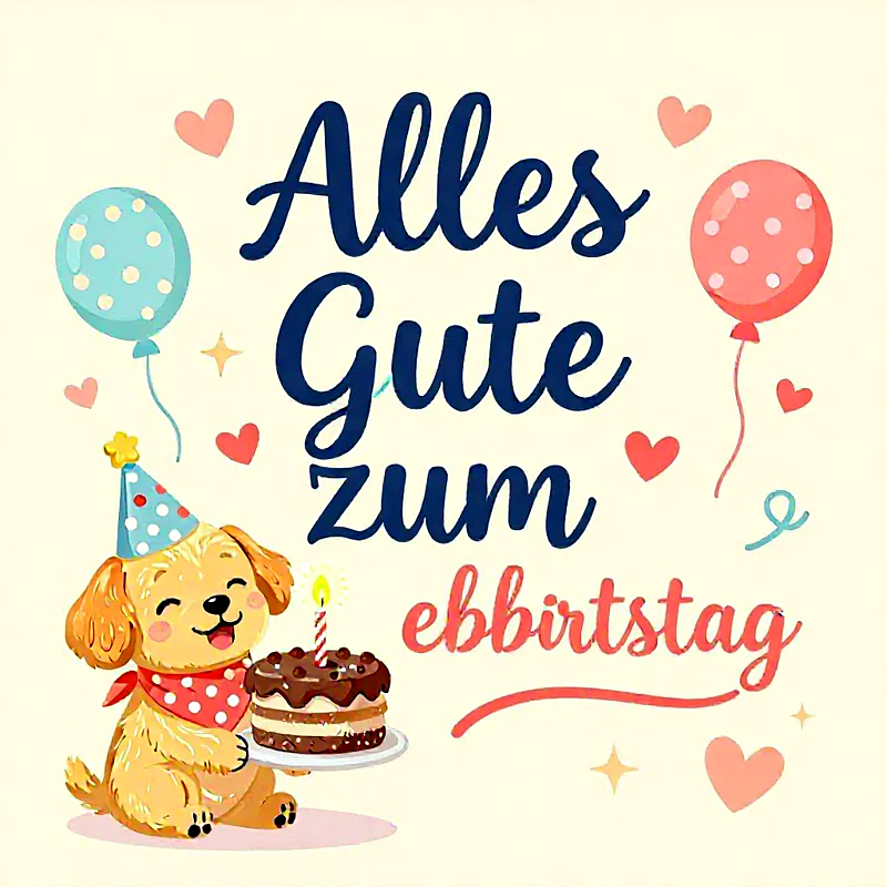 Fröhlicher Geburtstagswunsch mit einem lächelnden Welpen im Partyhut, der eine festliche Schokoladentorte mit brennender Kerze hält. Umgeben von bunten Ballons und Herzen auf hellem Hintergrund.