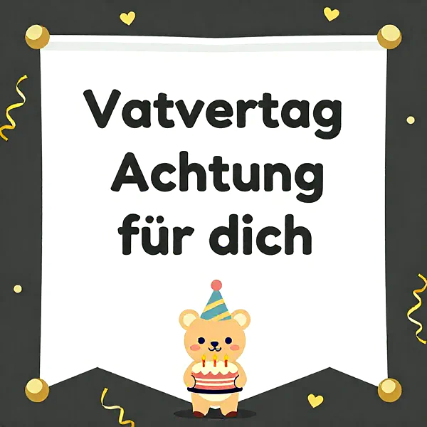 Niedlicher Cartoon-Bär trägt Partyhut und eine Geburtstagstorte mit drei Kerzen. Eine weiße Karte ist mit goldenen Herzen und gelben Schleifen verziert. Das festliche Motiv übermittelt herzliche Glückwünsche.