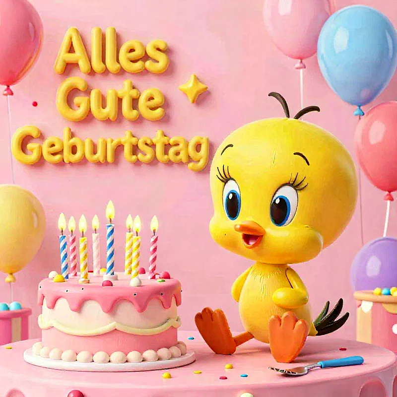 Ein süßer gelber Tweety Vogel feiert mit einer festlichen rosa Geburtstagstorte und acht leuchtenden Kerzen. Bunte Ballons und Streusel zieren den pinken Hintergrund. Das Bild strahlt fröhliche Geburtstagsglückwünsche aus.