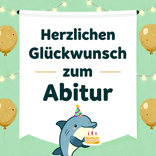 Delfin mit Partyhut hält eine Torte, umgeben von Luftballons und Girlanden, festliche Atmosphäre.