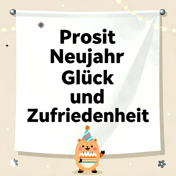 Süßer Bär mit Geburtstagshut hält eine Torte vor einem Banner mit Neujahrsgrüßen.