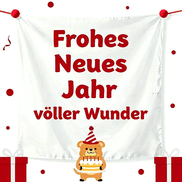 Teddybär hält eine Torte, rote Geschenke und Konfetti umrahmen eine weiße Fahne mit rotem Text.