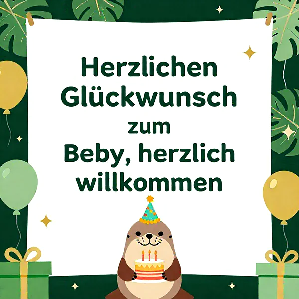 Ein niedlicher Otter mit Partyhut hält eine Geburtstagstorte mit Kerzen. Festliche Ballons, Geschenke und tropische Blätter umrahmen den herzlichen Glückwunsch zum Baby.