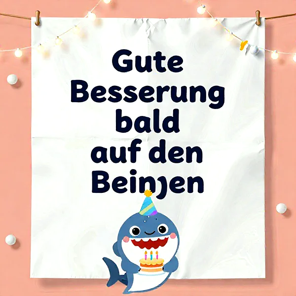 Ein lustiger, blauer Cartoon-Hai mit Partyhut und einer kleinen Geburtstagstorte mit Kerzen wünscht auf einem weißen Schild Gute Besserung bald auf den Beinen vor einem rosafarbenen Hintergrund mit Lichterkette.