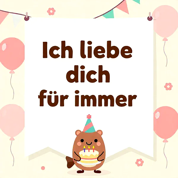 Ein niedliches, braunes Tier mit Partyhut hält eine zweistöckige Geburtstagstorte mit brennenden Kerzen. Umgeben von rosa Ballons und Girlanden, vermittelt das Bild eine liebevolle Botschaft der ewigen Zuneigung zum Geburtstag.