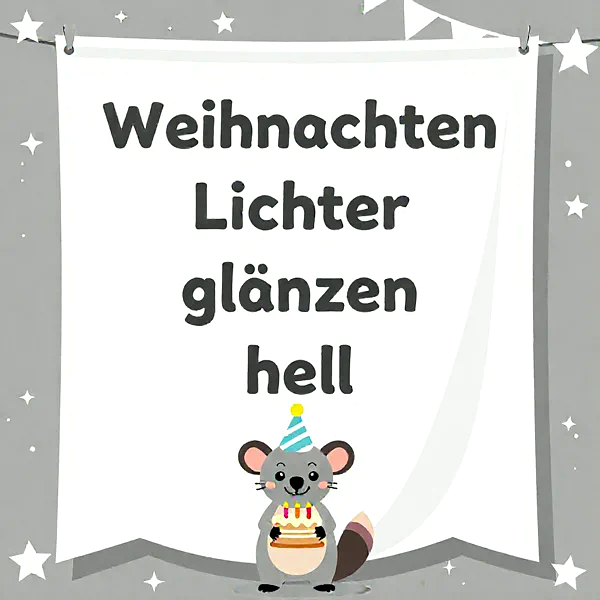 Zeichnung eines grauen Mäuschens mit Partyhut, das eine kleine Geburtstagstorte mit drei Kerzen hochhält. Der Hintergrund ist hellgrau mit weißen Sternen und Wimpelketten, was eine festliche Stimmung erzeugt.
