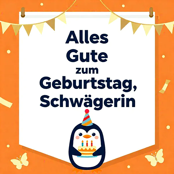 Ein süßer Pinguin mit einer Geburtstagstorte und einer Partyhut hält eine Karte mit der Aufschrift 'Alles Gute zum Geburtstag, Schwägerin'.