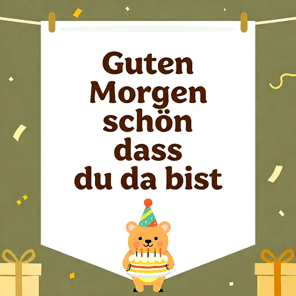 Süßer Bär mit Geburtstagstorte und Partyhut vor grünem Hintergrund mit Geschenken.