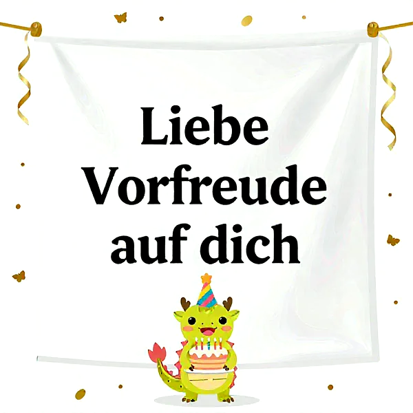Ein niedlicher Drache hält eine Geburtstagstorte, umgeben von Konfetti und einer großen weißen Fahne.
