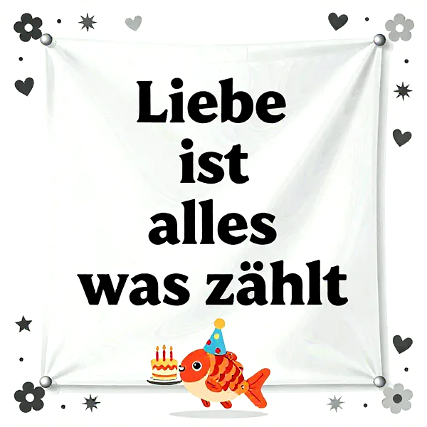 Niedlicher oranger Fisch mit Partyhut und Geburtstagstorte auf einem weißen Banner. Der Text 'Liebe ist alles was zählt' steht im Mittelpunkt. Dekorative Herzen und Sterne umrahmen die herzliche Botschaft.