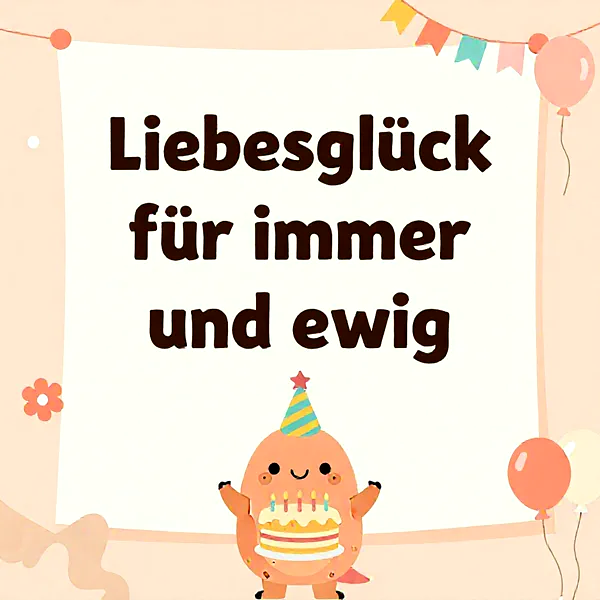 Ein süßer Charakter hält eine Geburtstagstorte, umgeben von Luftballons und Girlanden.