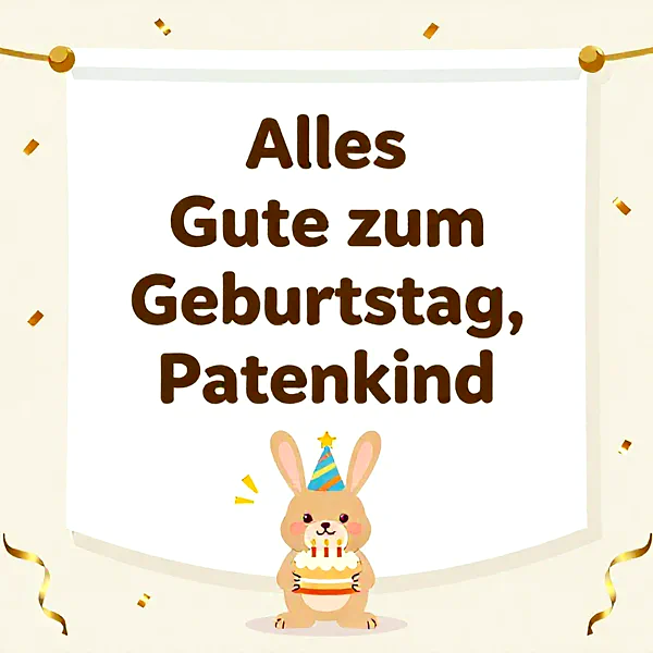 Ein süßer Hase hält eine Geburtstagstorte mit Kerzen, vor einem Banner mit der Aufschrift 'Alles Gute zum Geburtstag, Patenkind'.
