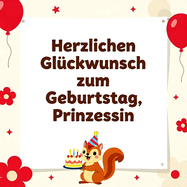 Ein süßer Eichhörnchen mit einer Geburtstagstorte und einer Partyhut, umgeben von roten Ballons und Blumen.