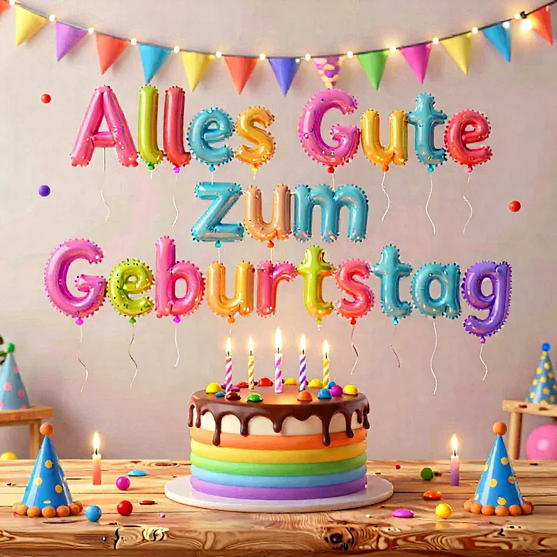 Regenbogenfarbener Geburtstagstisch mit Kuchen, Kerzen und Luftballons, die 'Alles Gute zum Geburtstag' schreiben.