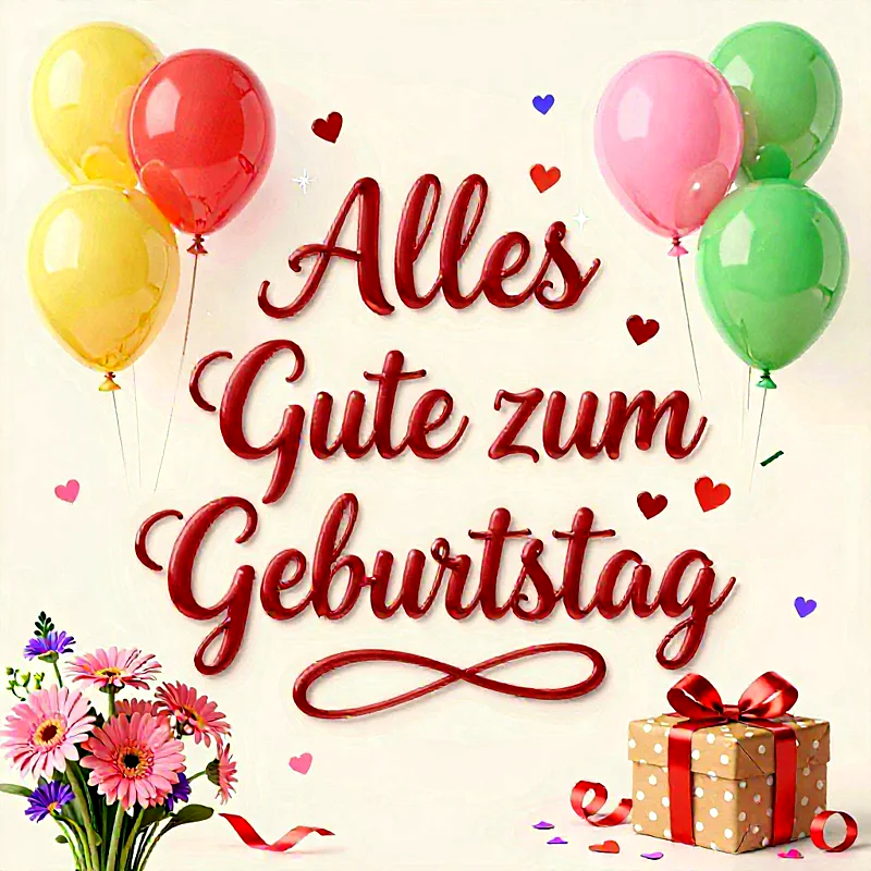 süße Geburtstagskarte mit bunten Ballons, Blumenstrauß und Geschenkbox in festlicher Atmosphäre