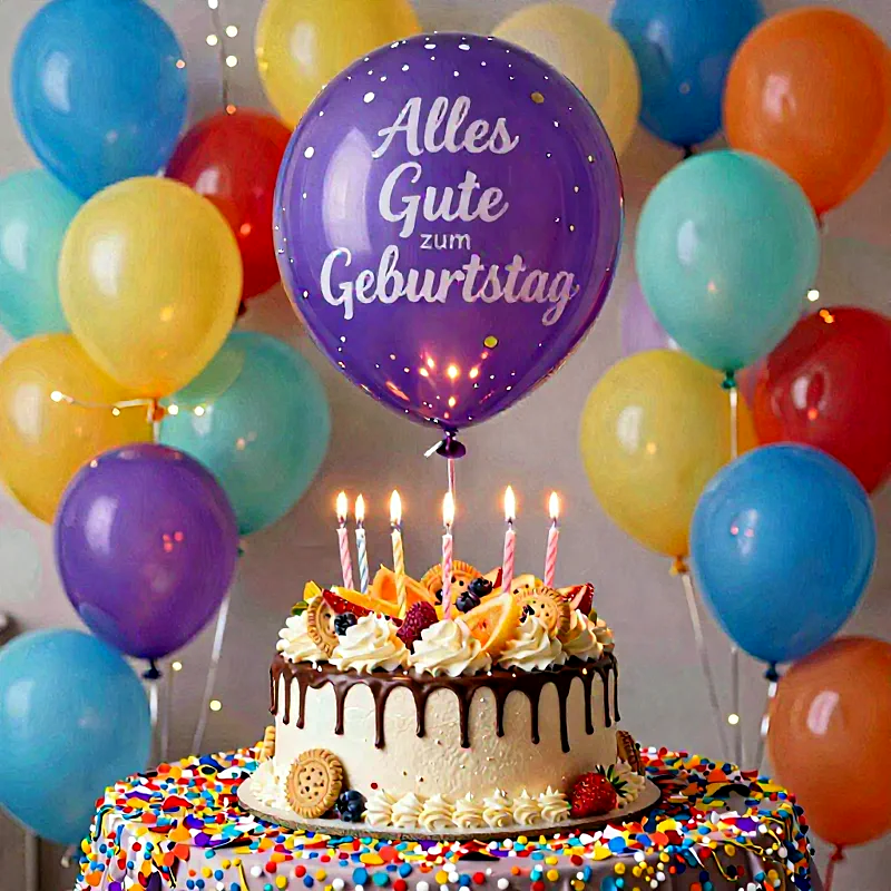 Eine festliche Geburtstagstorte mit bunter Dekoration und Kerzen, umgeben von bunten Luftballons.