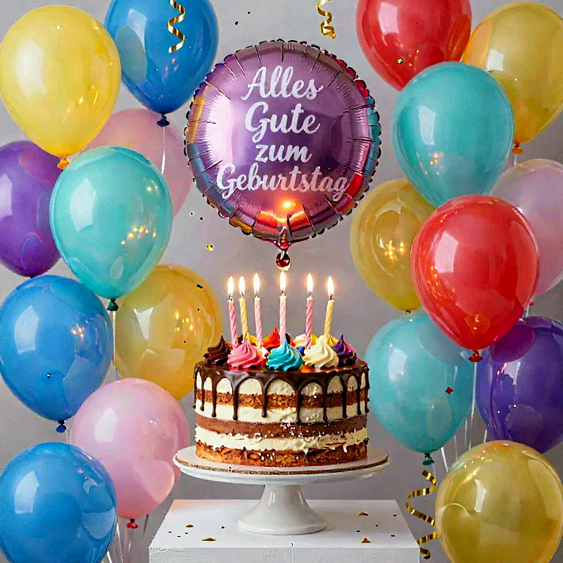 Süße Geburtstagstorte mit bunten Kerzen und Luftballons, festliche Atmosphäre, Alles Gute zum Geburtstag