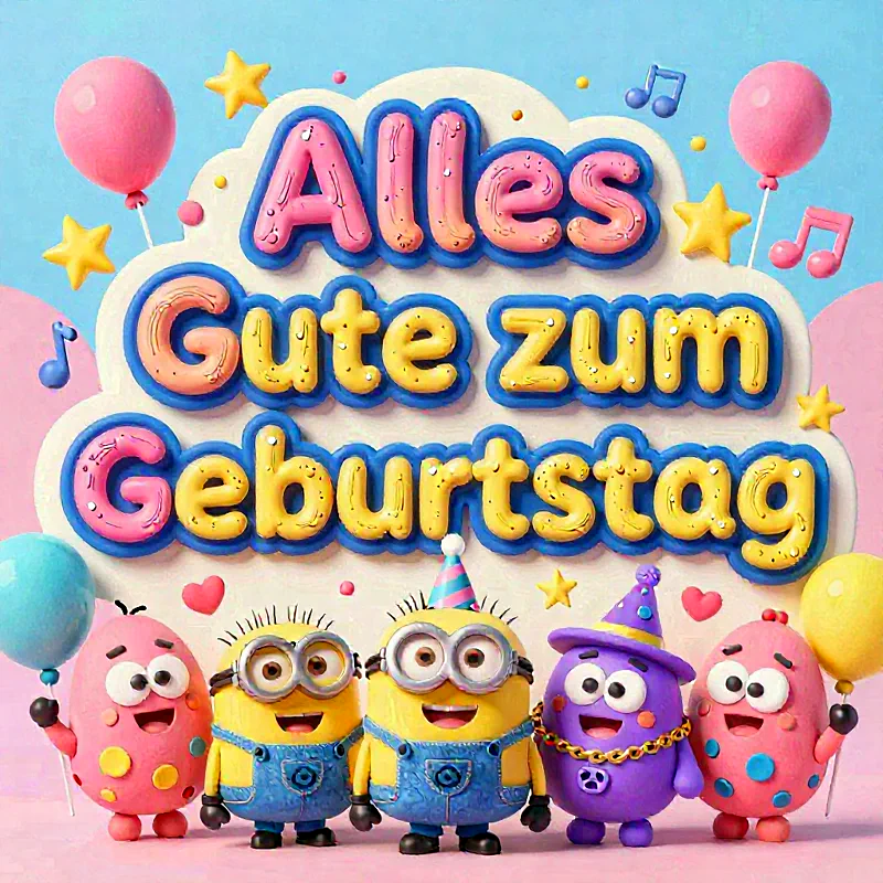 Minions feiern Geburtstag mit Luftballons und Musiknoten in einer bunten, fröhlichen Szene.