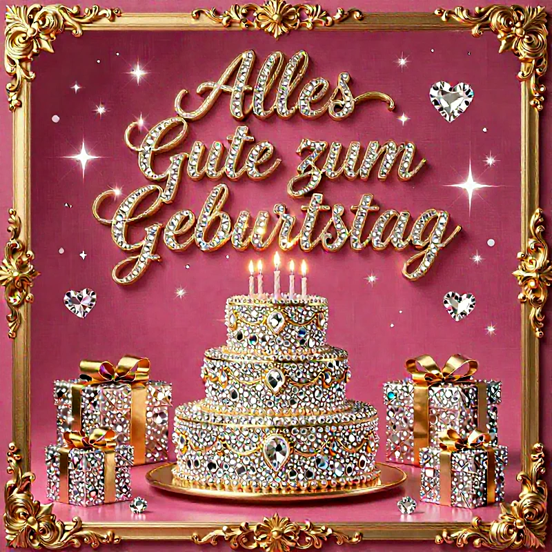 Dreistöckige Geburtstagstorte mit Kerzen, umgeben von glitzernden Geschenken, auf rosa Hintergrund mit goldenem Rahmen.