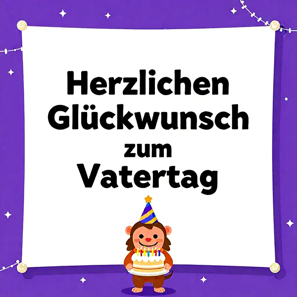Süßer Affe mit Geburtstagstorte und Partyhut vor lila Hintergrund, festliche Atmosphäre.