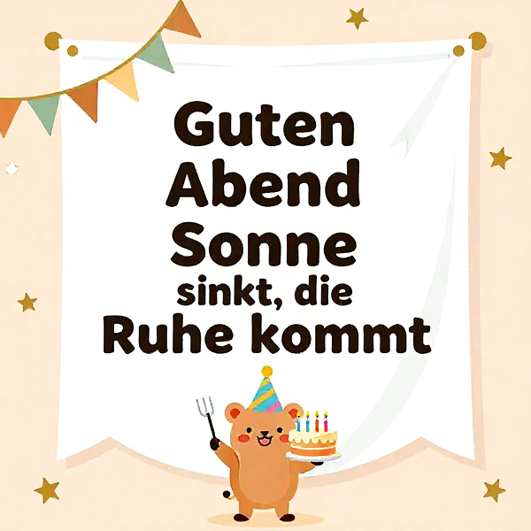 Süßer Bär mit Geburtstagshut hält eine Torte mit Kerzen, festliche Atmosphäre mit Girlanden.