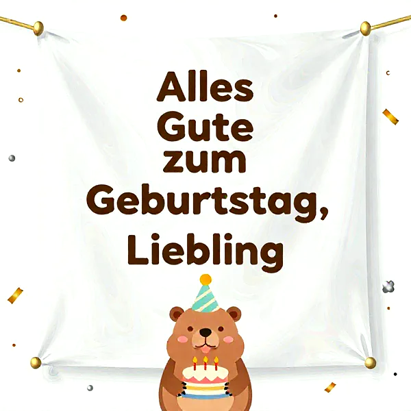 Süßer Bär mit Geburtstagstorte vor weißem Banner mit Geburtstagsgruß