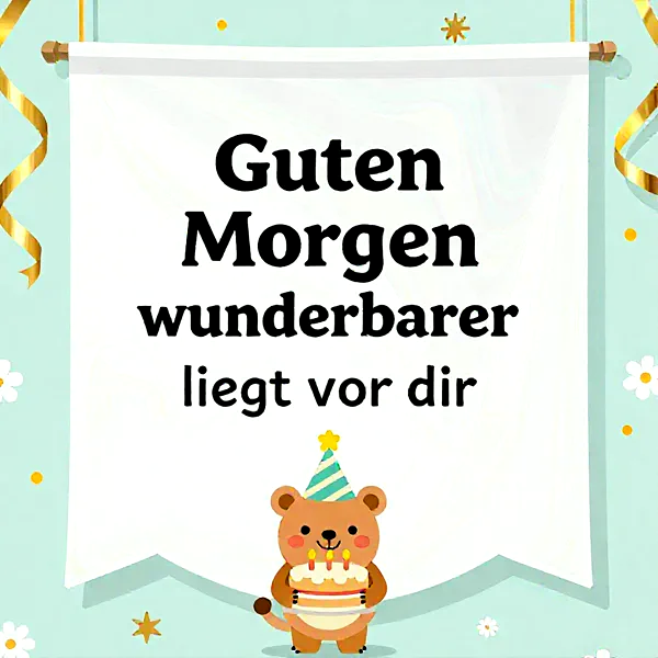 Süßer Bär mit Geburtstagstorte und Partyhut vor einem Banner mit Geburtstagsgruß