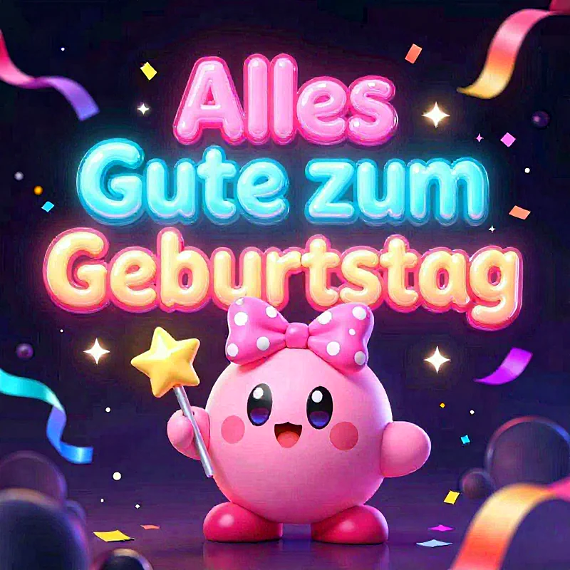 Ein süßer rosa Charakter mit einer großen Schleife hält einen Sternstab, umgeben von bunten Konfetti und leuchtenden Lichtern.