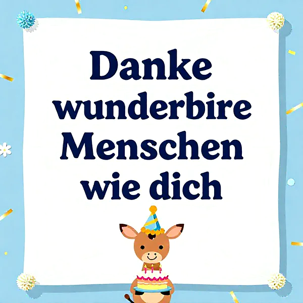 Süßer Esel mit Partyhut sitzt auf einer Geburtstagstorte, umgeben von Konfetti und Blumen.