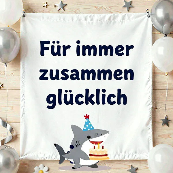 süßer Hai mit Partyhut neben einer Geburtstagstorte, festliche Stimmung mit Luftballons und Sternen