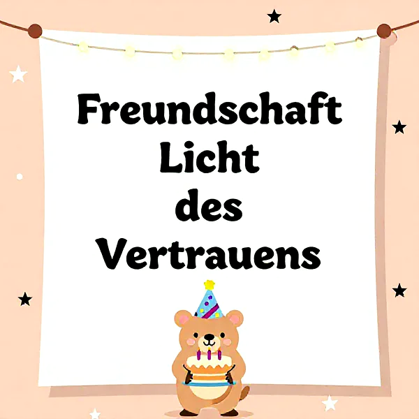 Süßer Hamster mit Geburtstagstorte und Partyhut vor einem Banner mit dem Text 'Freundschaft Licht des Vertrauens'.