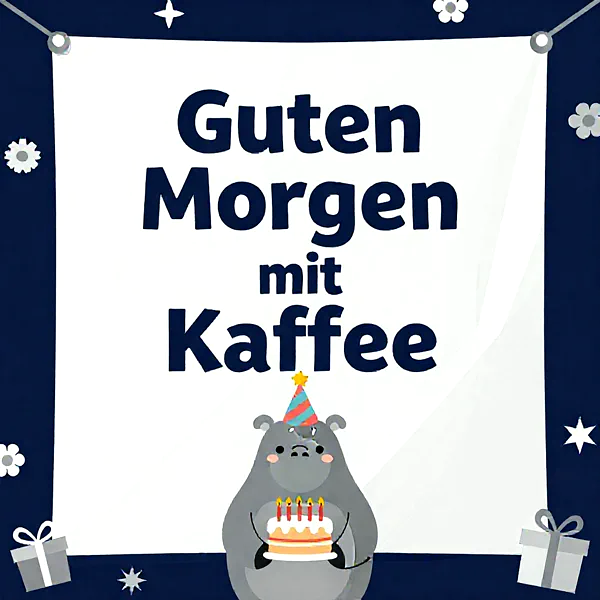 süßer Hippo mit Geburtstagshut hält eine Torte mit Kerzen, umgeben von Geschenken und Blumen