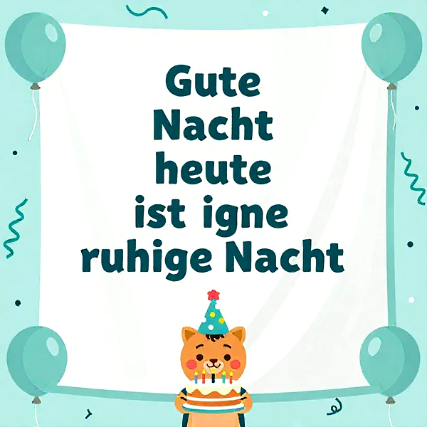 süße Katze mit Geburtstagstorte und Partyhut, feierliche Stimmung, blaue Ballons